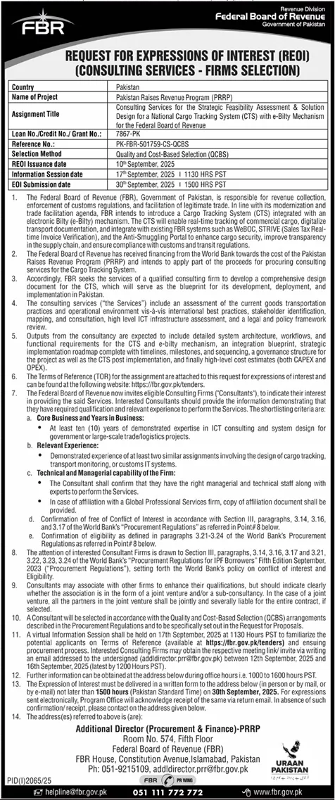 Federal Board of Revenue Tender Notice